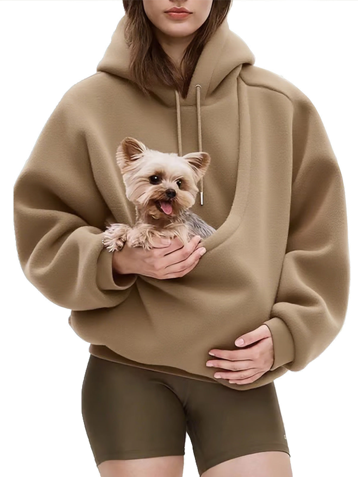 Pet carrier hoodie worn with a small dog resting in the front pouch