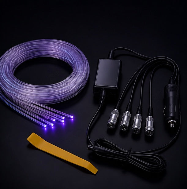 SkyGlow kit contents: coiled optical fibre, LED controller with four light heads, cigarette lighter power cable and scraper tool