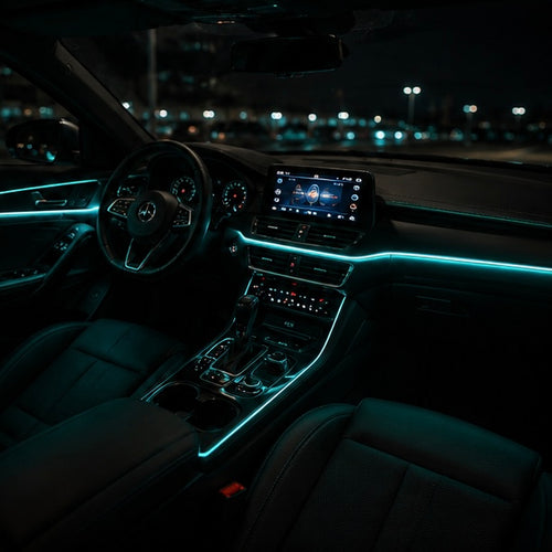 SkyGlow ambient roof lighting in teal across a car dashboard and centre console after dark