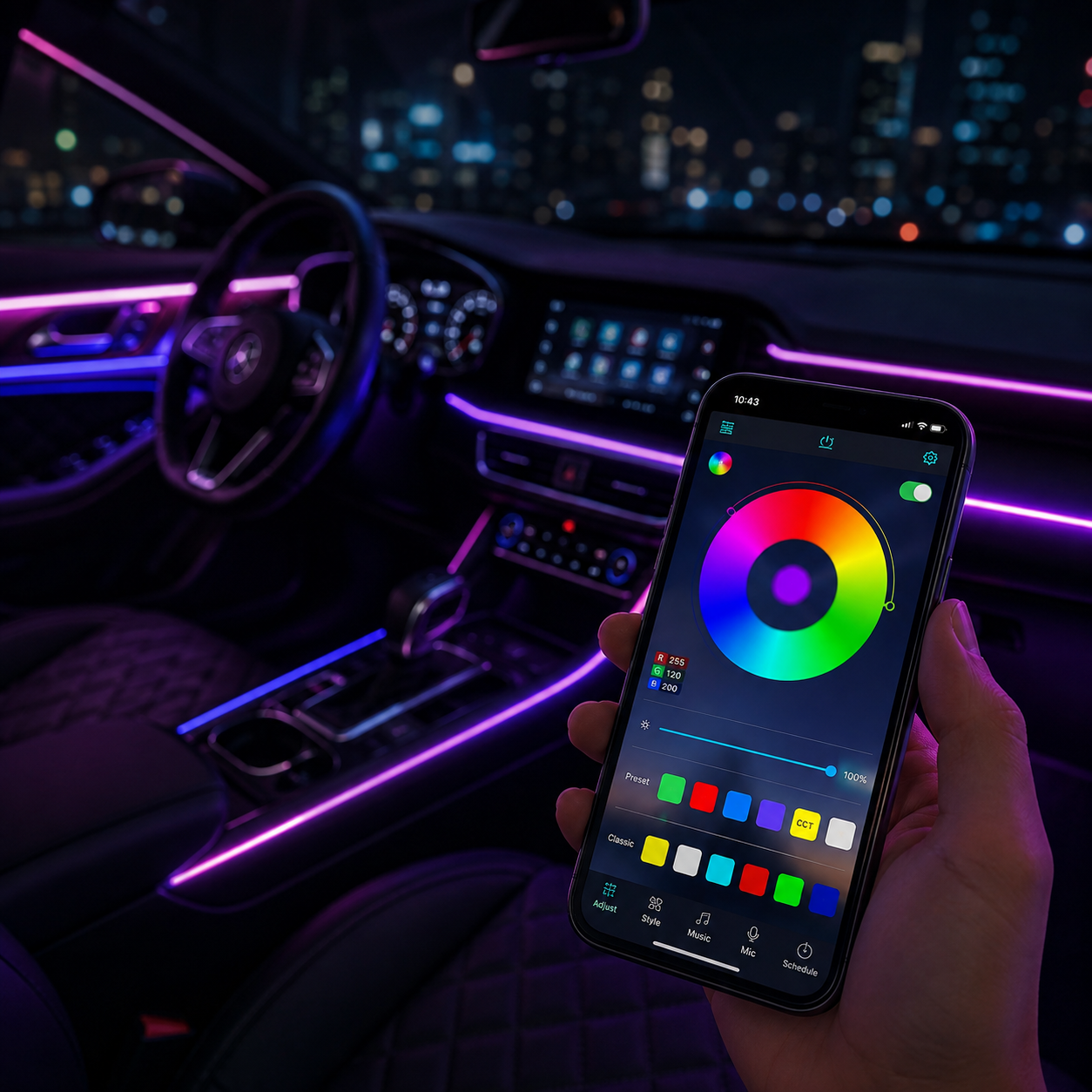 Driver adjusting SkyGlow ambient lighting colours from the phone app inside a purple-lit car cabin