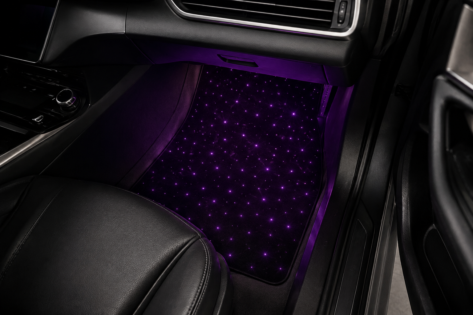 Velvorex Starlight floor mats glowing in a car footwell at night