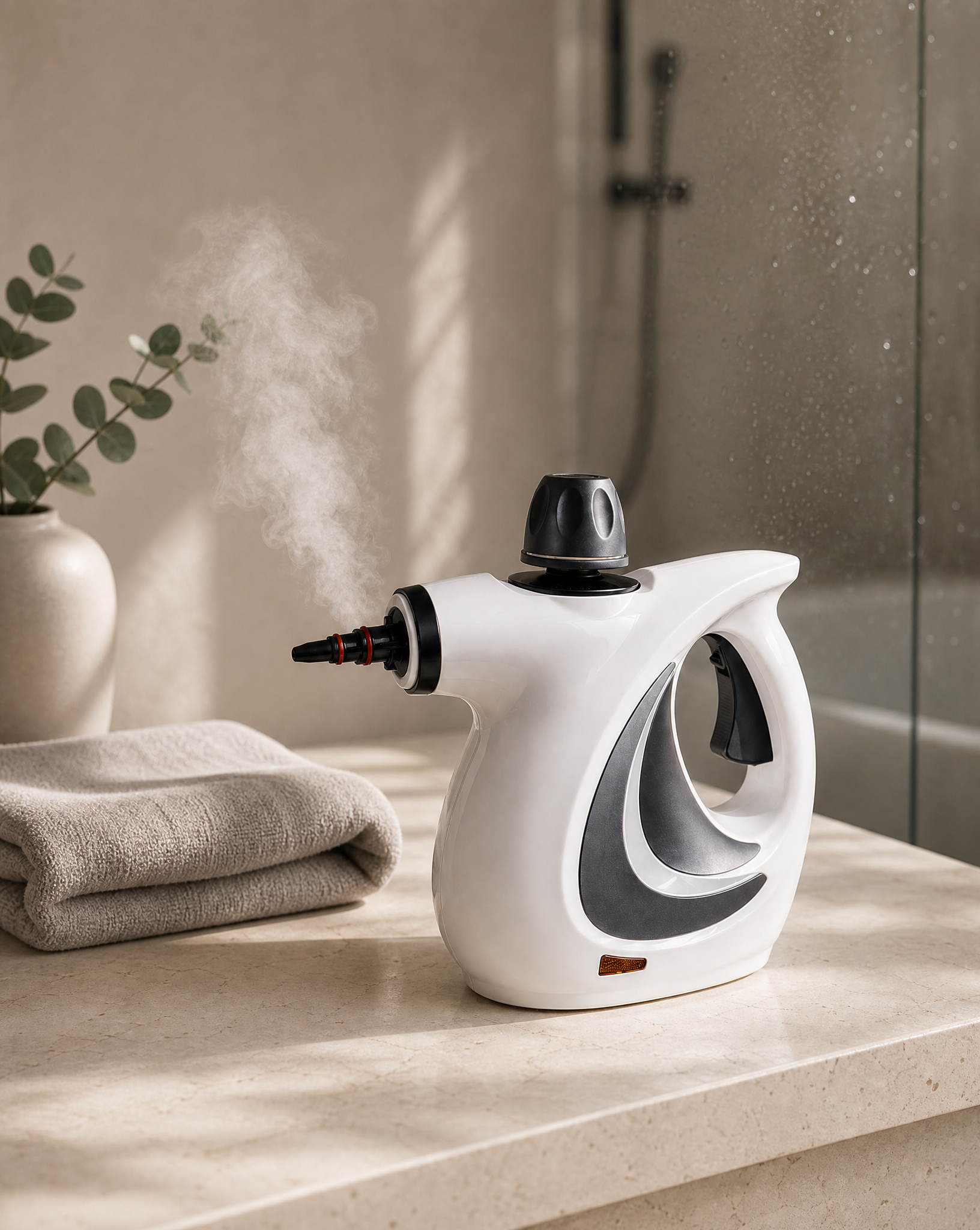 Velvorex Pure Steam Pro steam cleaner in use in a bathroom