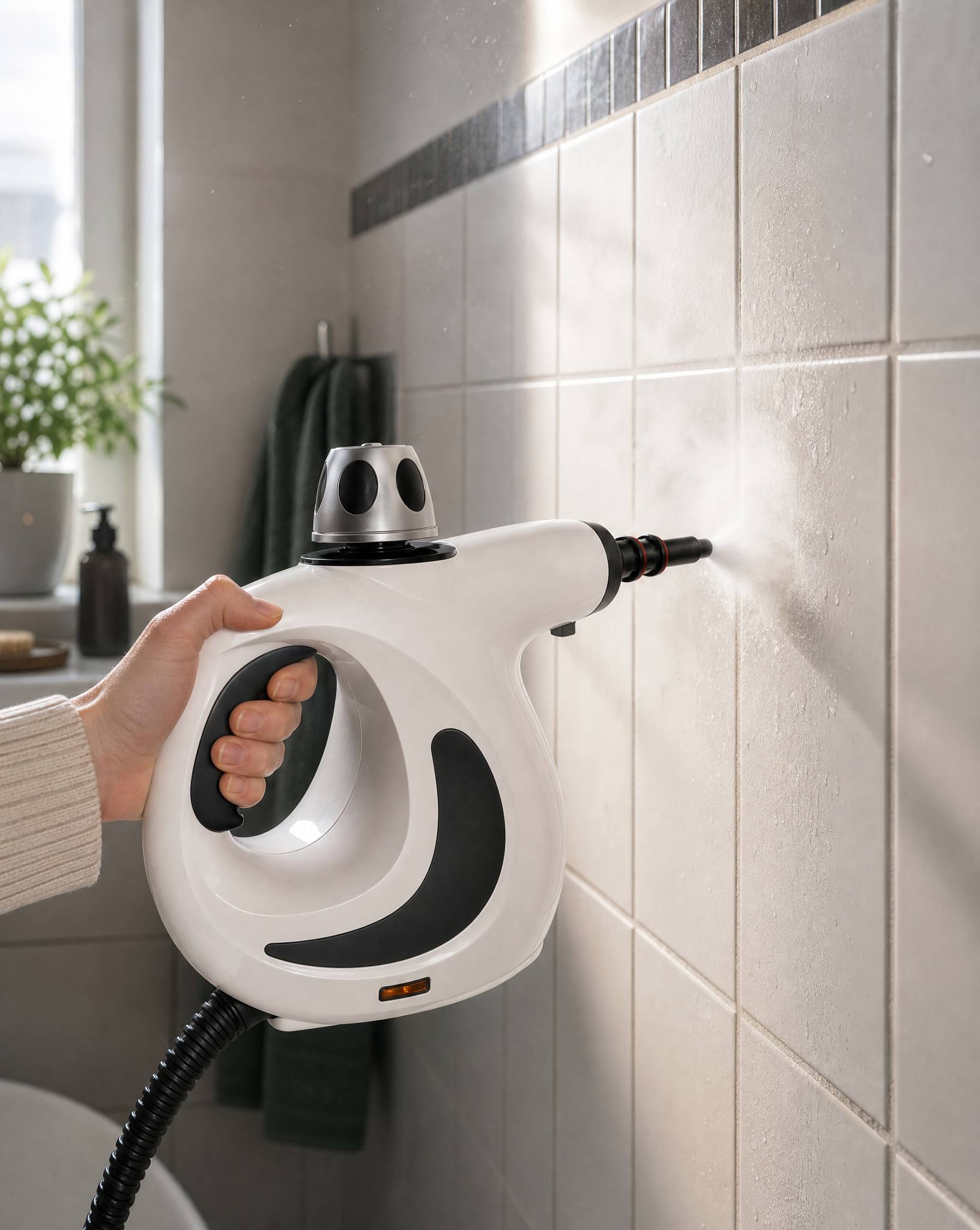 Velvorex Pure Steam Pro cleaning grout between bathroom tiles